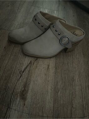 Sofft Taupe Suede Mule with Studded Strap & Round Buckle